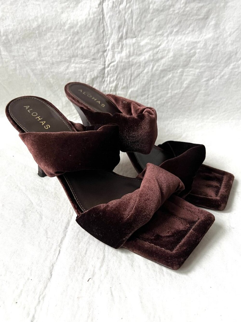 ALOHAS high heel sandals EU 41 10 10.5 Twist Velvet Heels brown square toe puffy